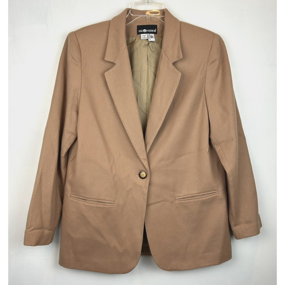 Vintage Blazer Womens 12 Wool Jacket Beige Minimalist Oversized Career Office